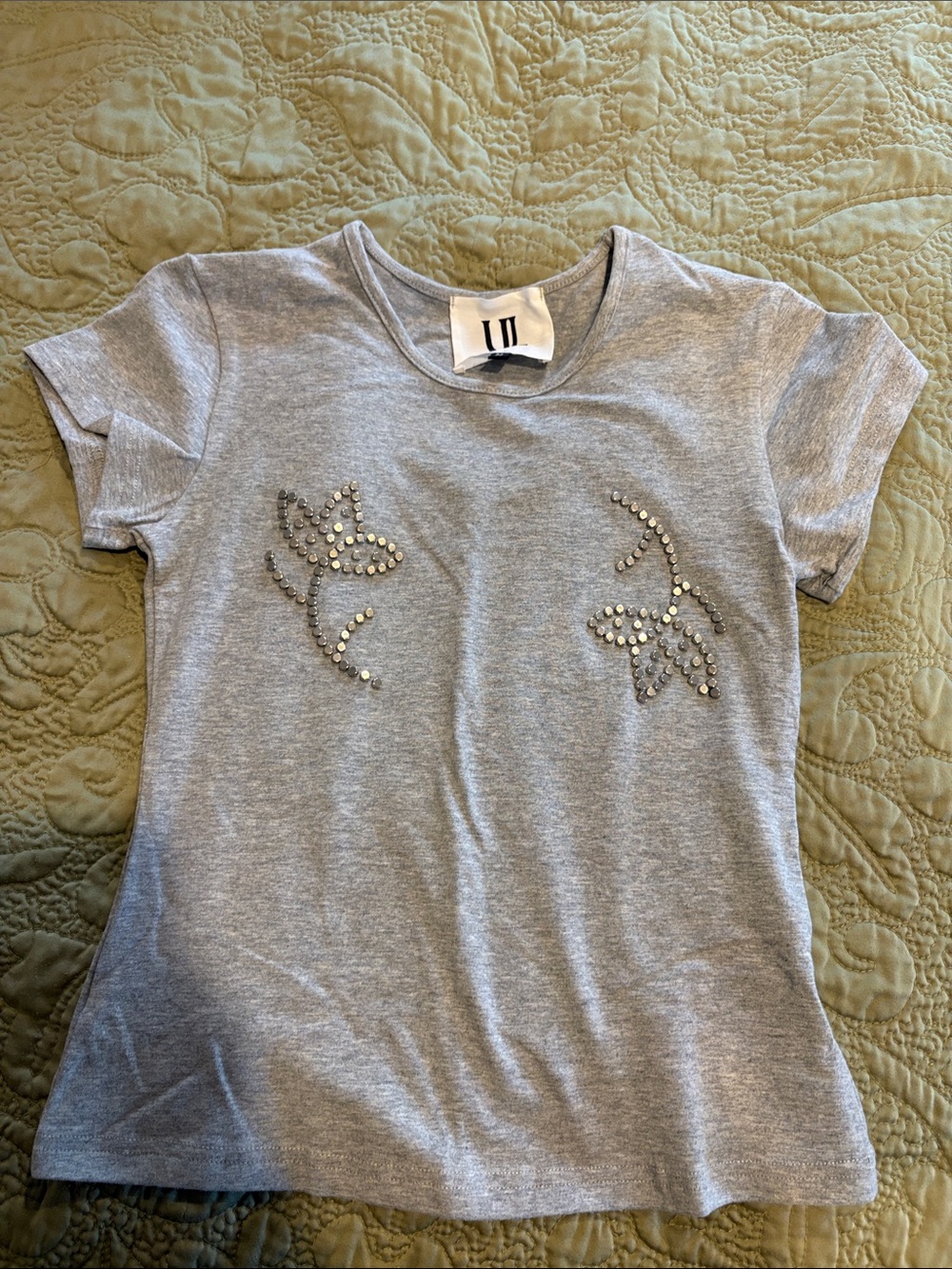 Women's Gray Short-Sleeve Studded Floral Tee - Brand Unspecified
